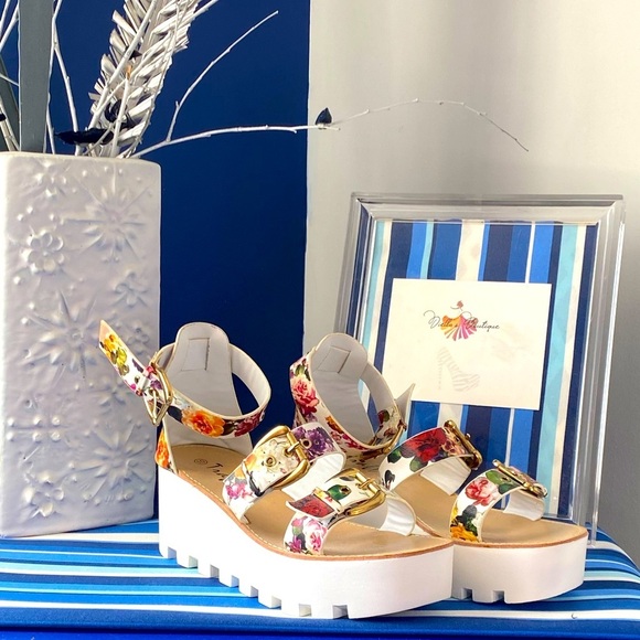 Floral strappy platform flatform buckled ankle strap summer sandals sz 10 - Picture 8 of 12